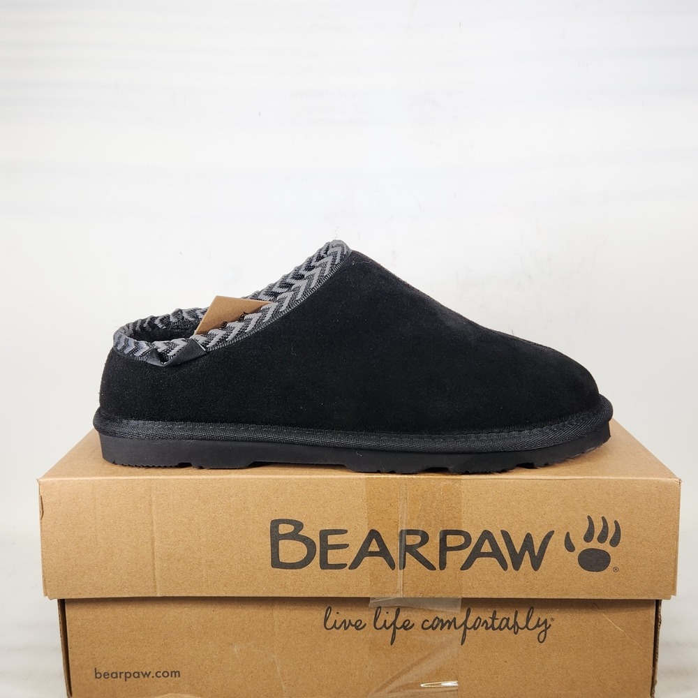 Bearpaw Tabitha Slippers Women Size 9 Black Suede Mules Sheepskin Lining